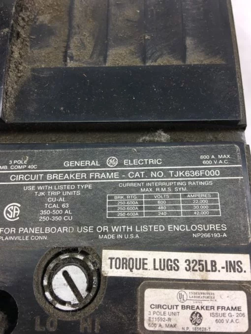 USED General Electric TJK636F000 Circuit Breaker 600 Amp 3 Pole, 600 VAC, B329 2