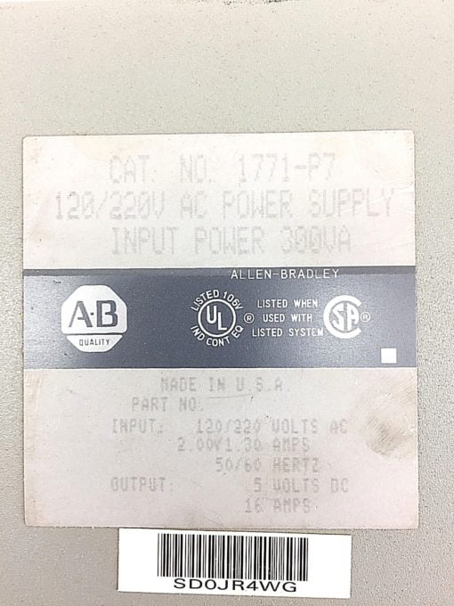 AB ALLEN BRADLEY PLC POWER SUPPLY 16 AMP 120/220 VAC MODEL 1771-P7 USED (B26) 2