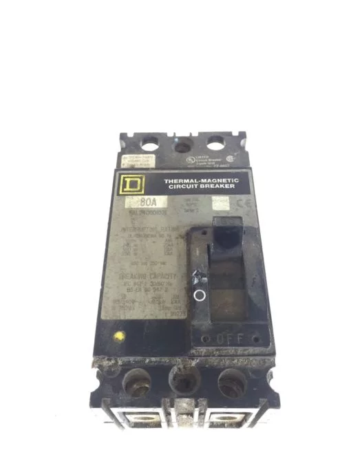 USED SQUARE D CIRCUIT BREAKER, FAL240801021, 80 AMP, 480 VOLT, 2 POLE, G96 1