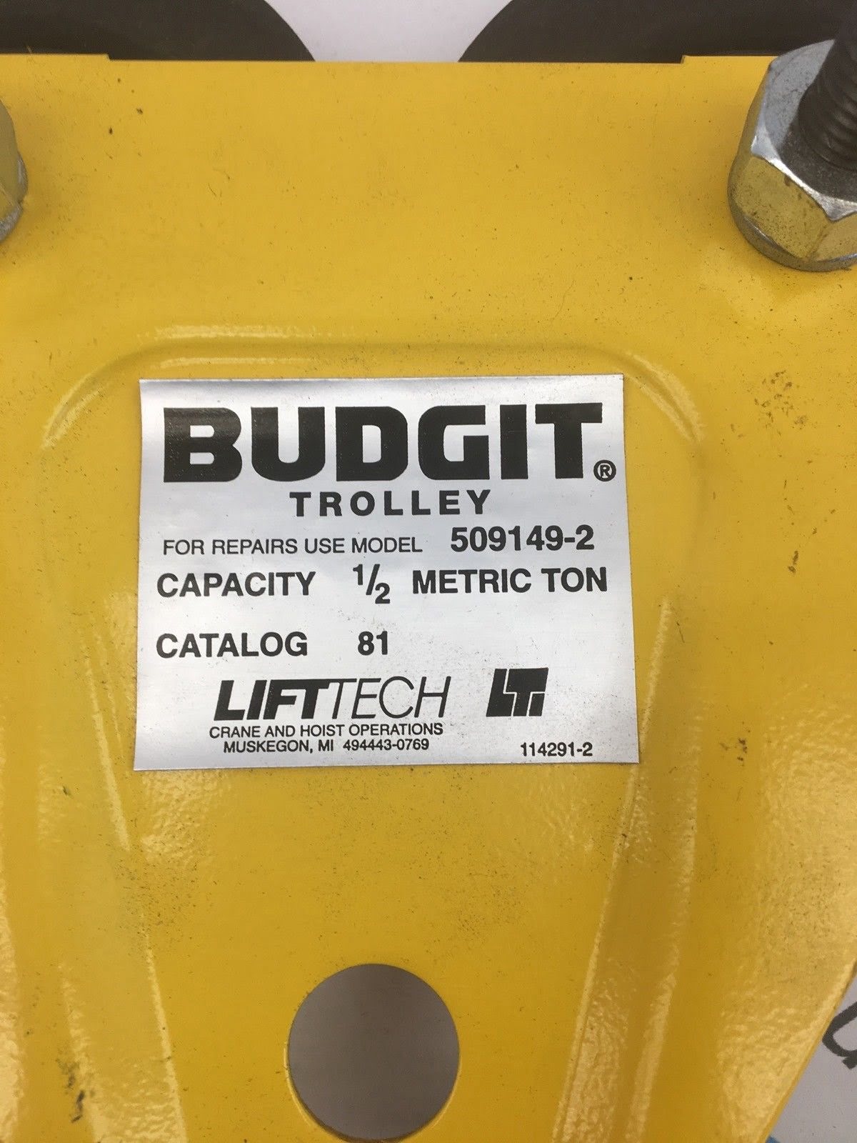 LIFTTECH BUDGIT TROLLER 509149-2 CAPACITY 1/2 MET. TON CAT. 81 PULLEY  ASSEMBLY