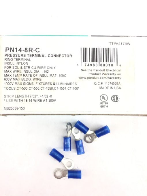 PANDUIT PN14-8R-C PRESSURE TERMINAL CONNECTOR PK 100 (A415) 2